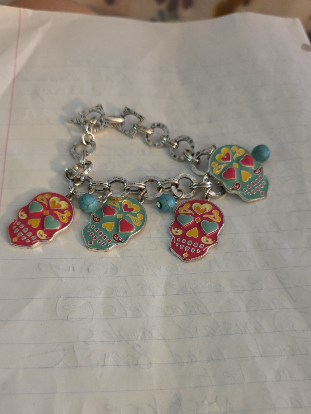Silver Tone Charm Bracelet with Pink and Turquoise Sugar Skull Charms